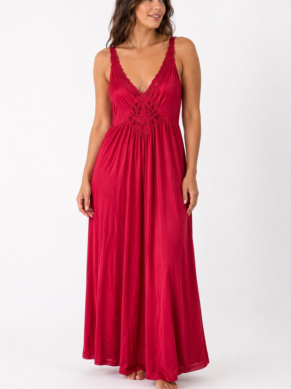 Vintage Olga Red Nightgown Large Made in USA 92270 Full Sweep Tricot